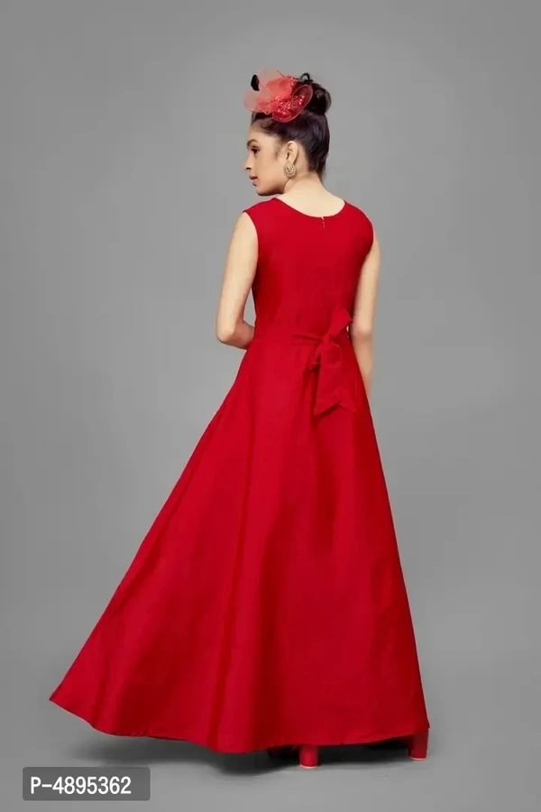 Stylish Satin Red Embroidered Long Dress For Girls - Red, 3-4 Years