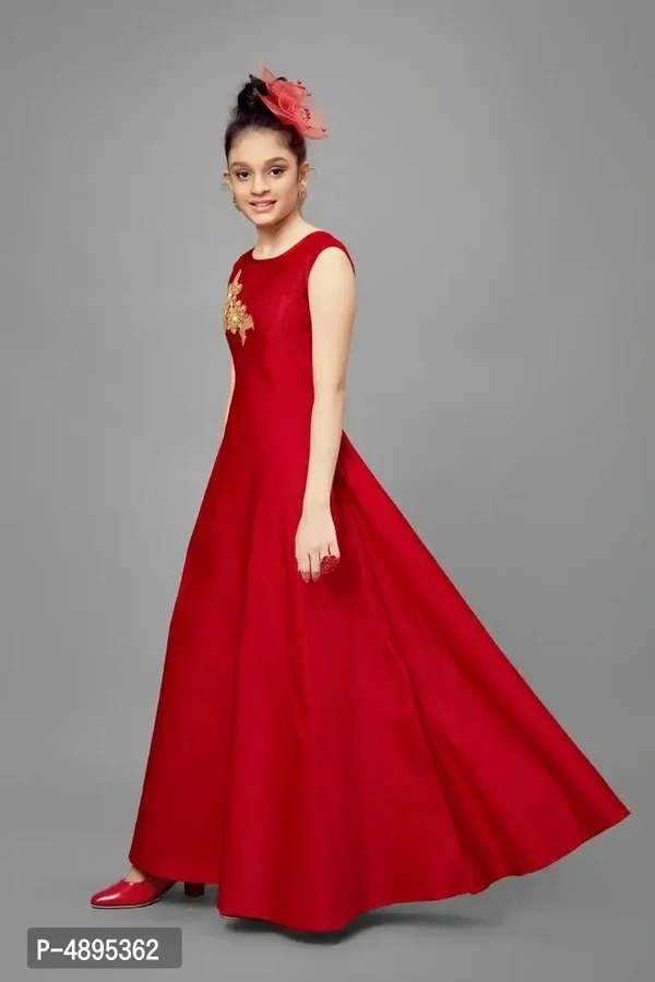 Stylish Satin Red Embroidered Long Dress For Girls - Red, 3-4 Years