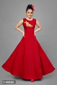 Stylish Satin Red Embroidered Long Dress For Girls - Red, 3-4 Years