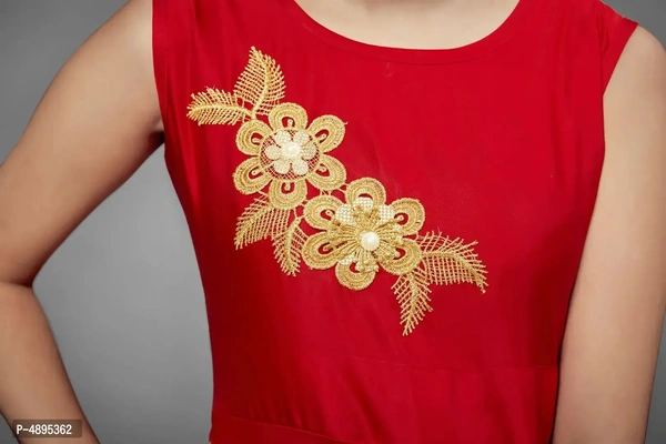 Stylish Satin Red Embroidered Long Dress For Girls - Red, 3-4 Years