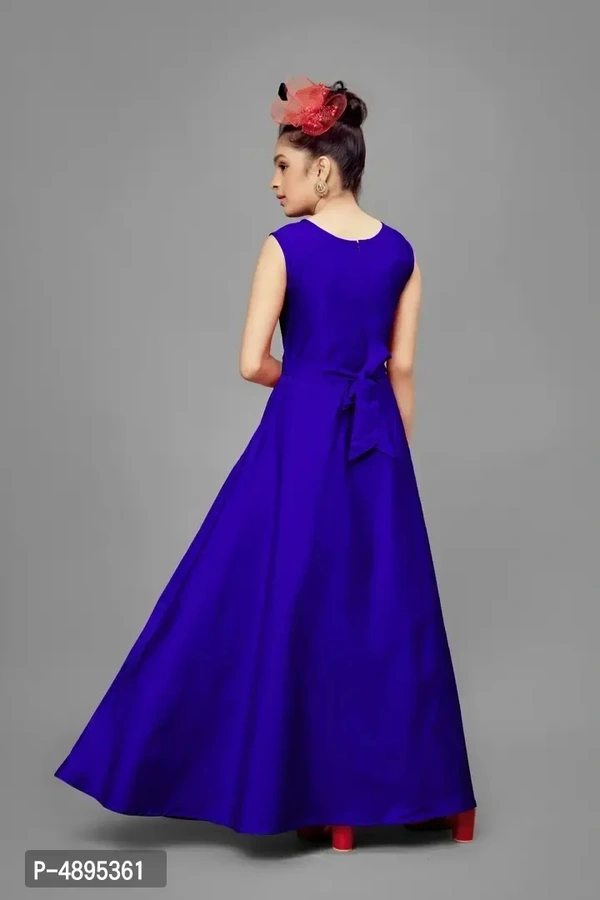 Stylish Satin Blue Embroidered Long Dress For Girls - 3-4 Years