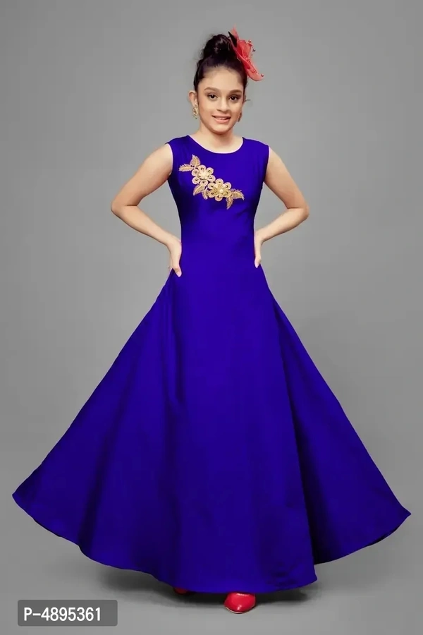 Stylish Satin Blue Embroidered Long Dress For Girls - 3-4 Years