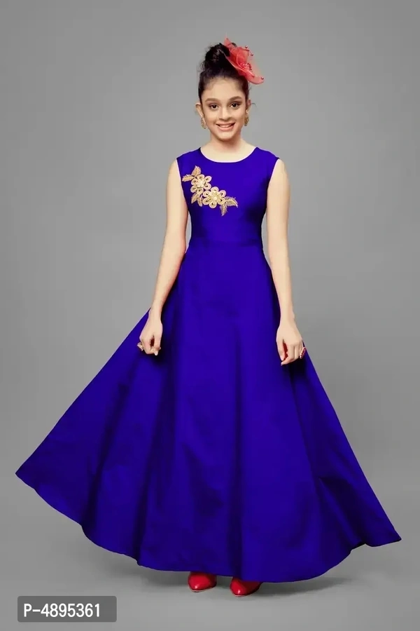 Stylish Satin Blue Embroidered Long Dress For Girls - 11-12 Years