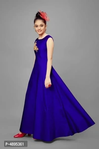 Stylish Satin Blue Embroidered Long Dress For Girls - 11-12 Years