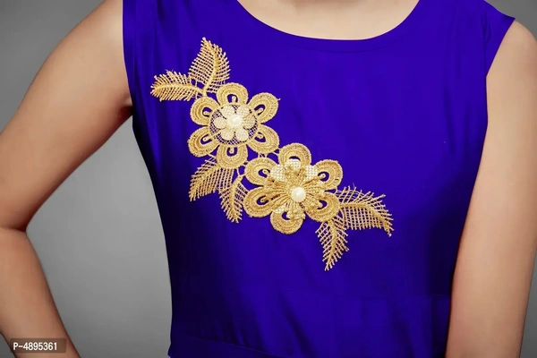 Stylish Satin Blue Embroidered Long Dress For Girls - 11-12 Years