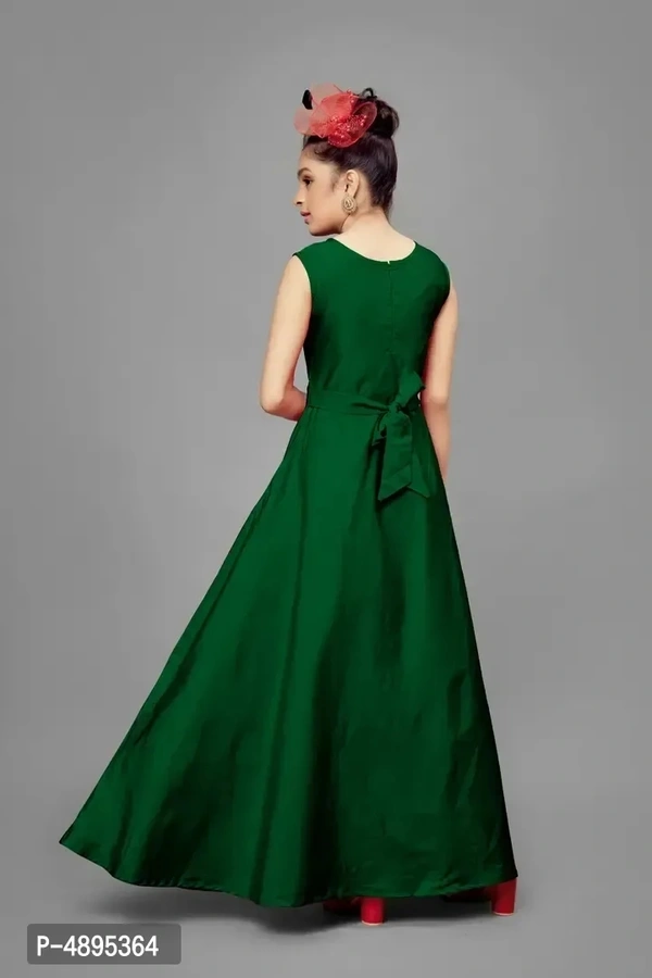 Stylish Satin Green Embroidered Long Dress For Girls - Green, 5-6 Years