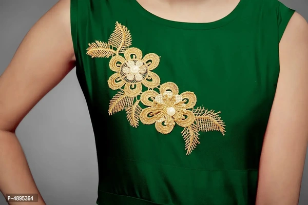 Stylish Satin Green Embroidered Long Dress For Girls - Green, 5-6 Years