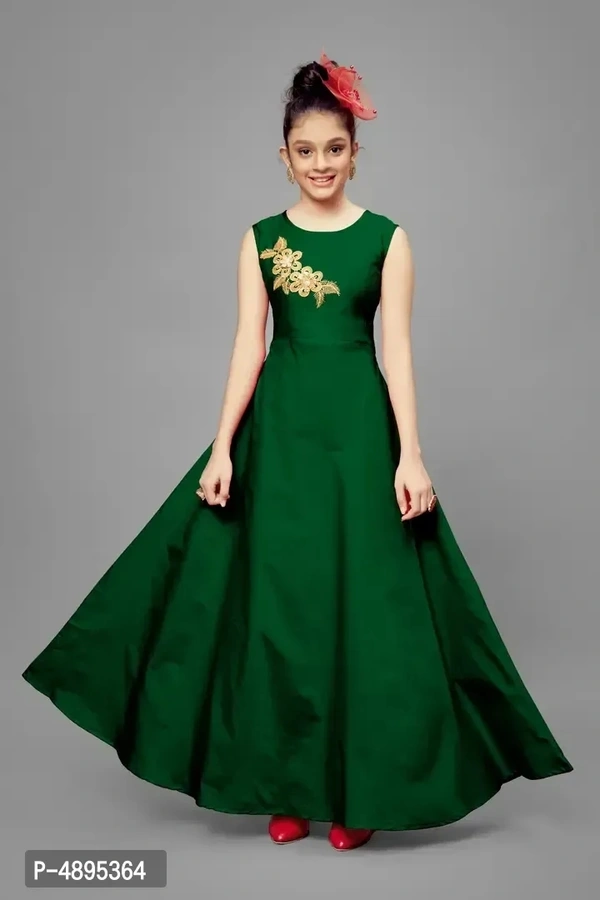 Stylish Satin Green Embroidered Long Dress For Girls - Green, 13-14 Years