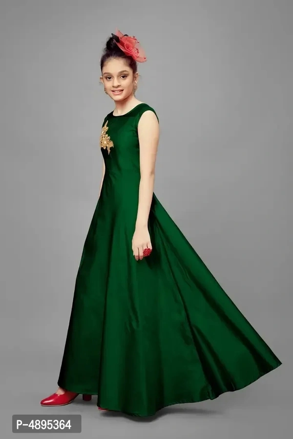 Stylish Satin Green Embroidered Long Dress For Girls - Green, 13-14 Years