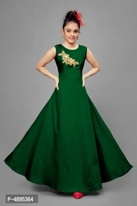 Stylish Satin Green Embroidered Long Dress For Girls - Green, 13-14 Years