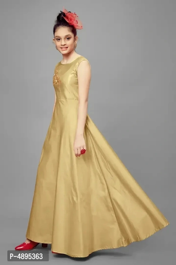 Stylish Satin Beige Embroidered Long Dress For Girls - 5-6 Years