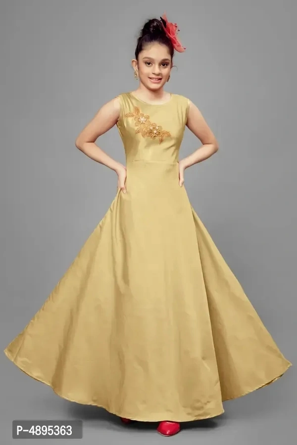 Stylish Satin Beige Embroidered Long Dress For Girls - 5-6 Years