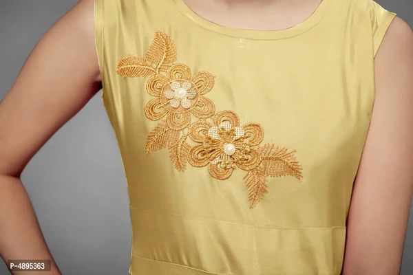 Stylish Satin Beige Embroidered Long Dress For Girls - 5-6 Years