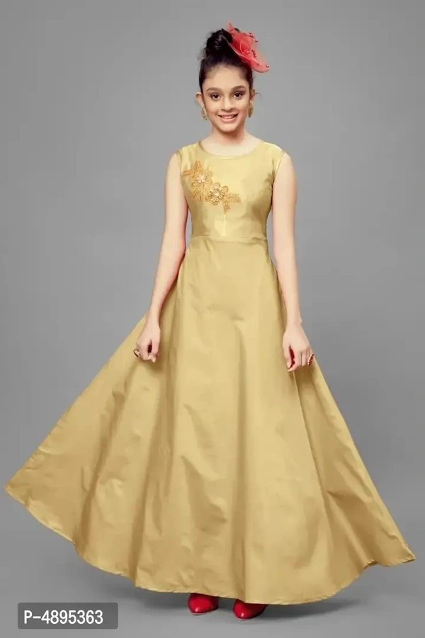 Stylish Satin Beige Embroidered Long Dress For Girls - 7-8 Years