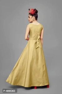 Stylish Satin Beige Embroidered Long Dress For Girls - 7-8 Years