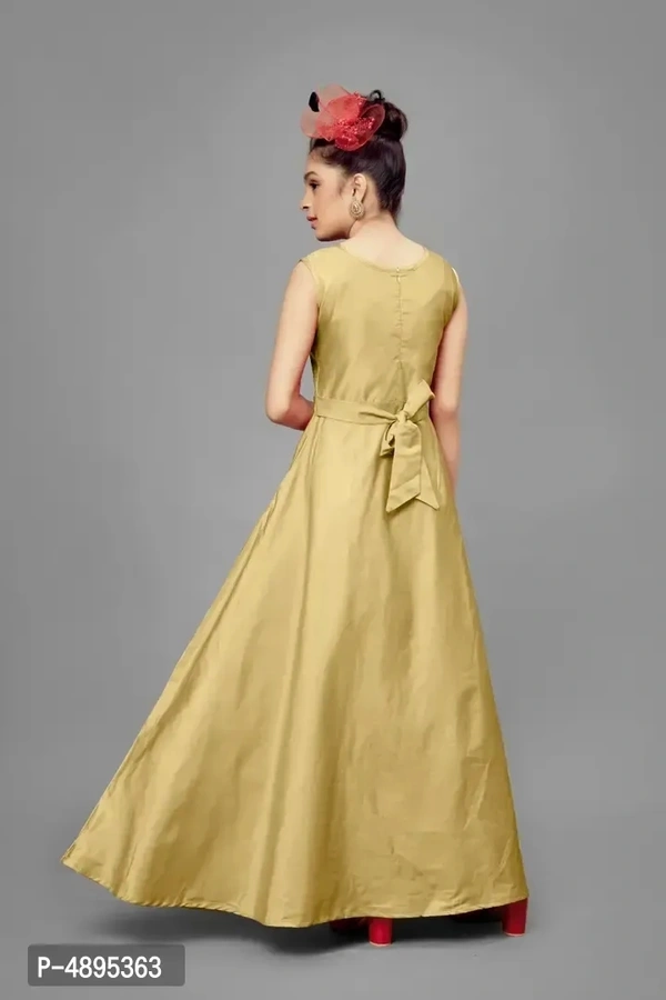 Stylish Satin Beige Embroidered Long Dress For Girls - 7-8 Years