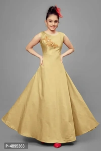Stylish Satin Beige Embroidered Long Dress For Girls - 13-14 Years