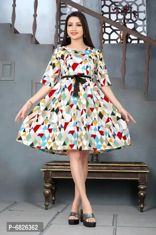 Latest Printed Multicolored Designer Frock With Belt For Women Dress - l