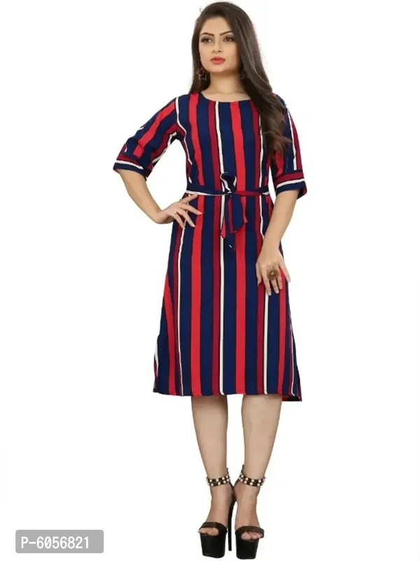 Stylish American Crepe Striped Round Neck Half Sleeves Dress For Women - XL