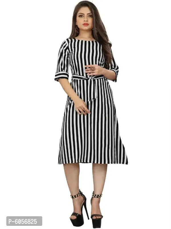 Stylish American Crepe Striped Round Neck Half Sleeves Dress For Women  - l