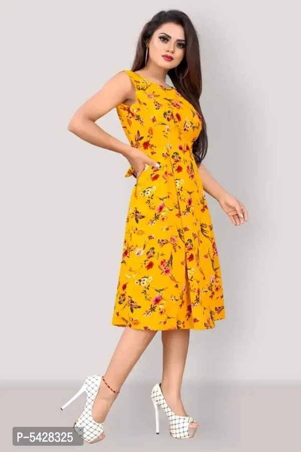 Stylish Crepe Floral Print Knee Length Dress For Women - XL