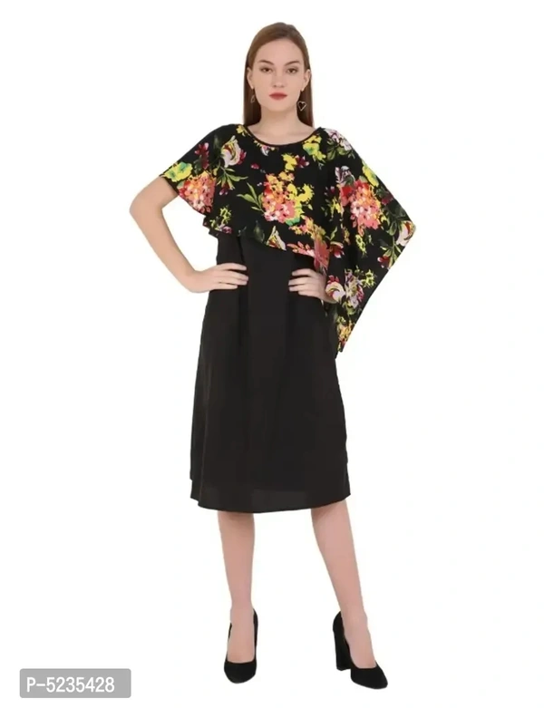 Stylish Crepe Printed Cape Dress For Women - l