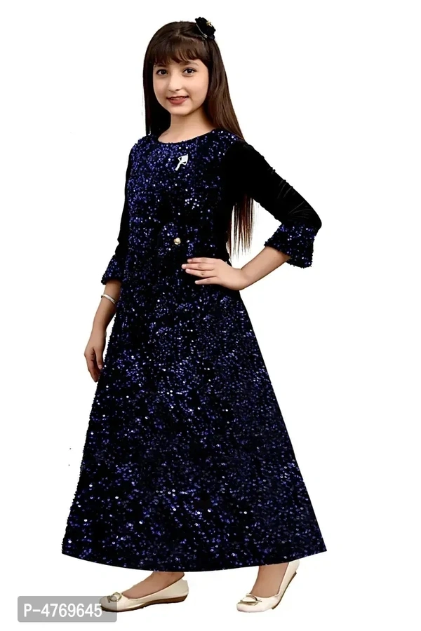 Stylish Blue Silk Self Pattern A-Line Dress For Girls - 3-4 Years