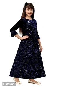 Stylish Blue Silk Self Pattern A-Line Dress For Girls - 3-4 Years