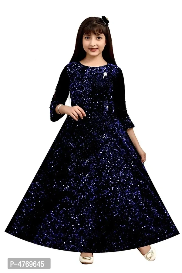 Stylish Blue Silk Self Pattern A-Line Dress For Girls - 11-12 Years