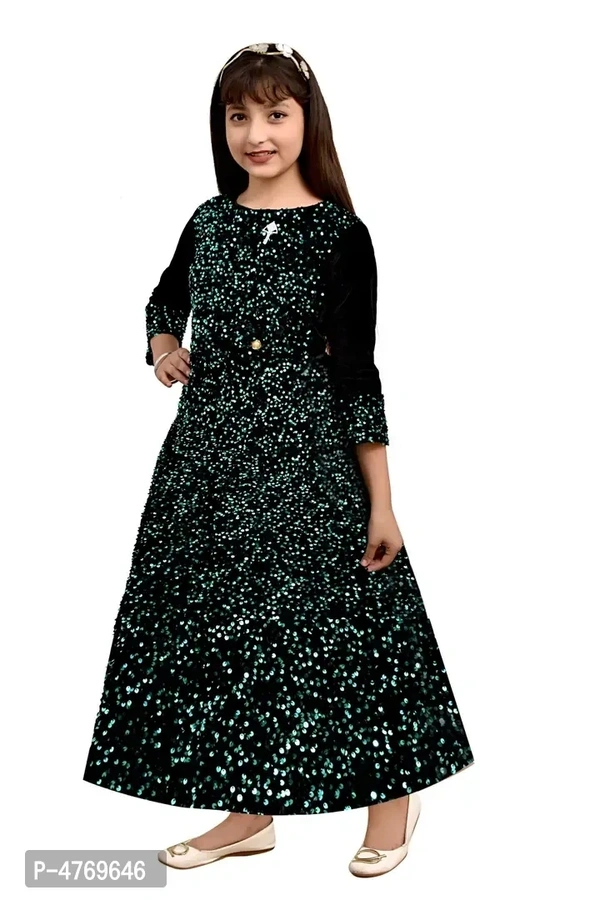 Stylish Green Silk Self Pattern A-Line Dress For Girls - 3-4 Years