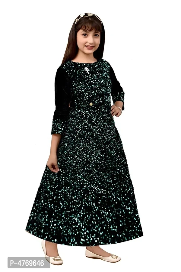 Stylish Green Silk Self Pattern A-Line Dress For Girls - 4-5 Years