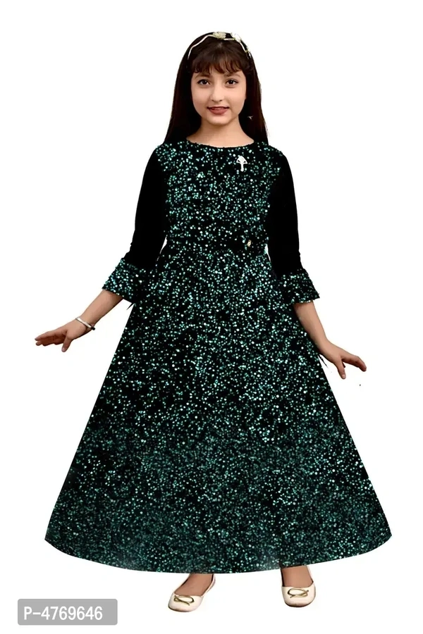 Stylish Green Silk Self Pattern A-Line Dress For Girls - 9-10 Years