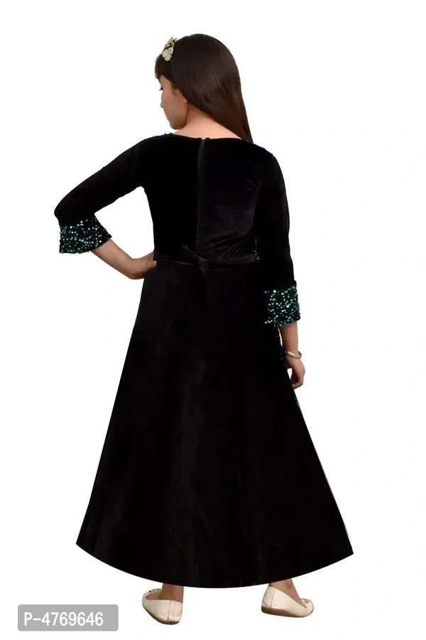 Stylish Green Silk Self Pattern A-Line Dress For Girls - 9-10 Years