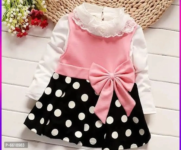 KIDS FROCK PINK BLACK POLKA DOTS - 1-2 Years