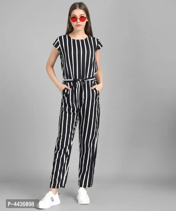 Women Black Big Stripe Printed Front Knot Jumpsuits