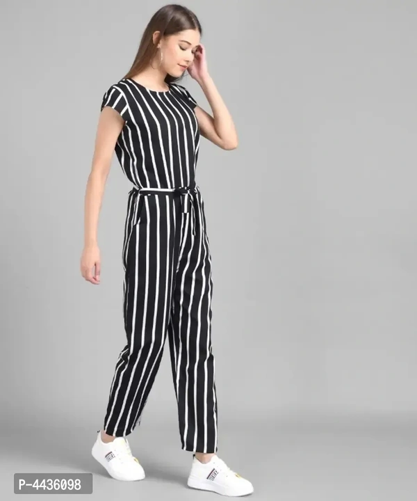 Women Black Big Stripe Printed Front Knot Jumpsuits