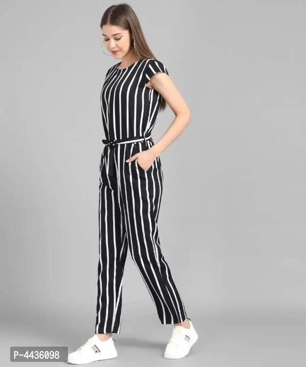 Women Black Big Stripe Printed Front Knot Jumpsuits