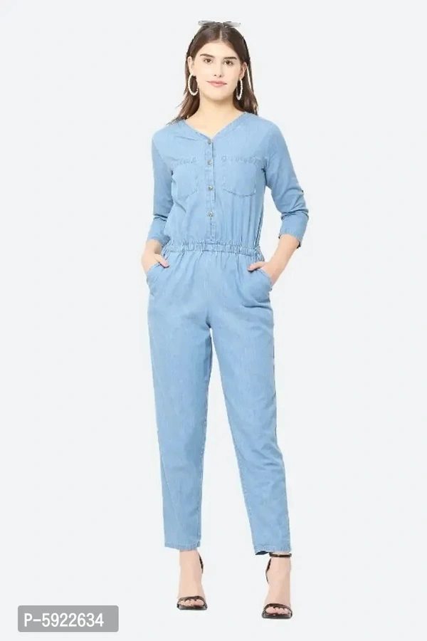 Stylish Womens Blue Solid Denim Casual Jumpsuit - S