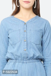 Stylish Womens Blue Solid Denim Casual Jumpsuit - S