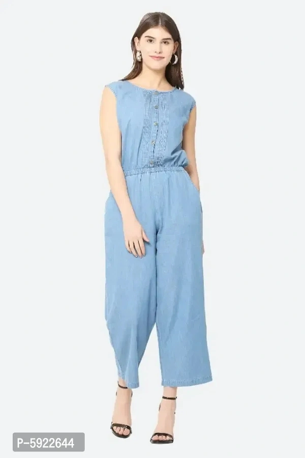Stylish Womens Blue Solid Denim Sleeveless Casual Jumpsuit - M