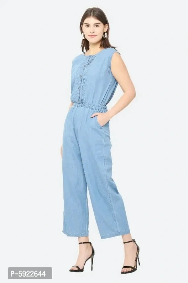 Stylish Womens Blue Solid Denim Sleeveless Casual Jumpsuit - M