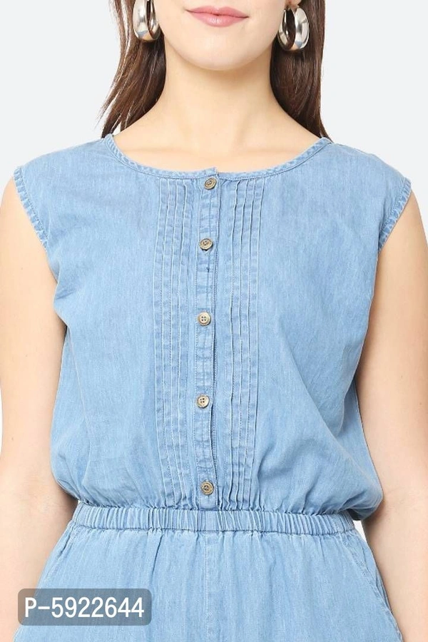 Stylish Womens Blue Solid Denim Sleeveless Casual Jumpsuit - XL