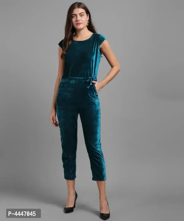 Vivient Women Dark Green Plain Velvet Jumpsuits - S