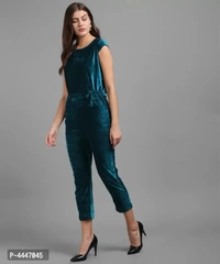 Vivient Women Dark Green Plain Velvet Jumpsuits - S