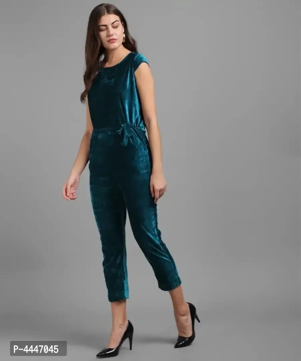Vivient Women Dark Green Plain Velvet Jumpsuits - M