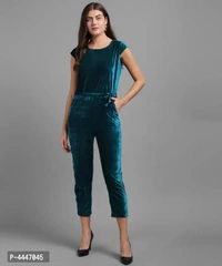 Vivient Women Dark Green Plain Velvet Jumpsuits - l
