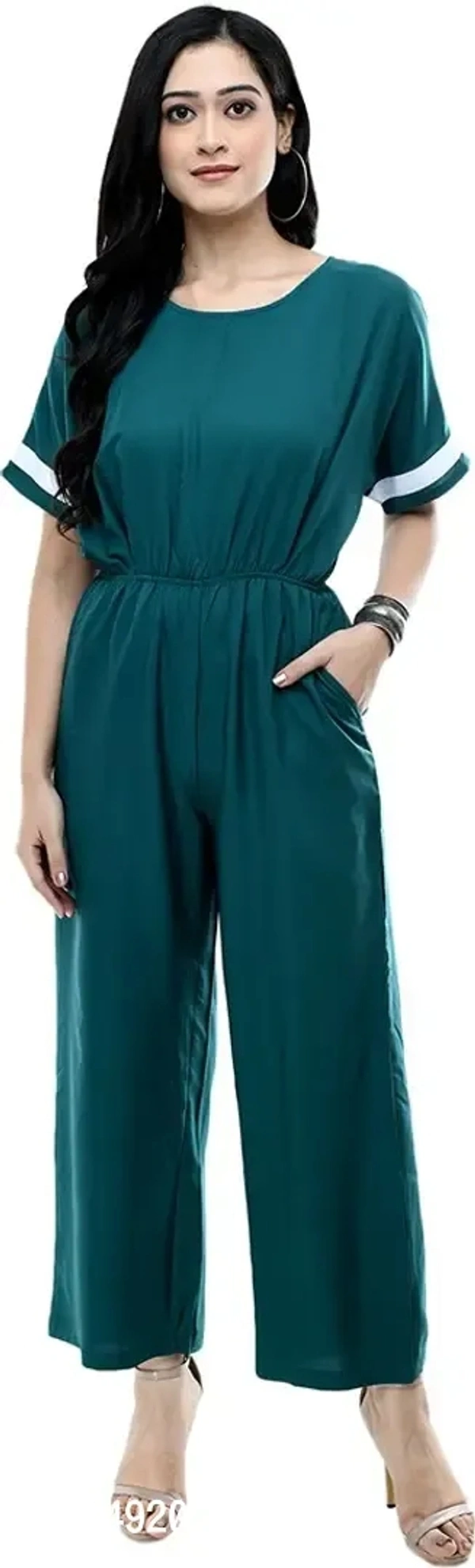 Women's Green Crepe Solid Jumpsuit - 2xl
