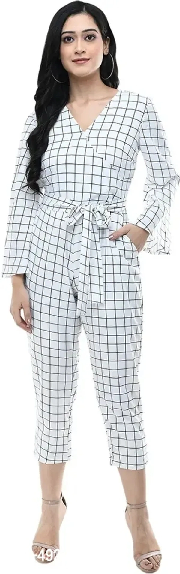 Women's White Crepe Checked Jumpsuit - S