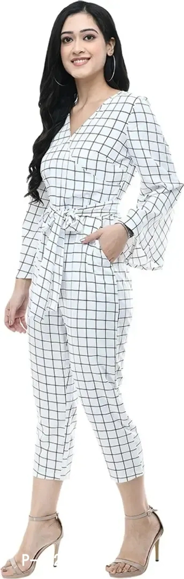 Women's White Crepe Checked Jumpsuit - S