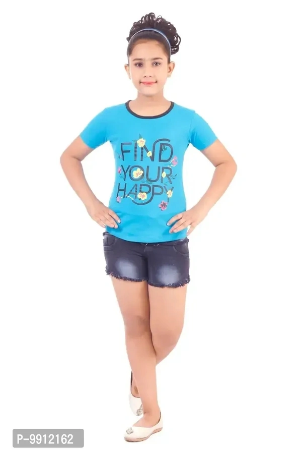 Girls Denim Hot Short with a pack of T shirt - 8-9 Years